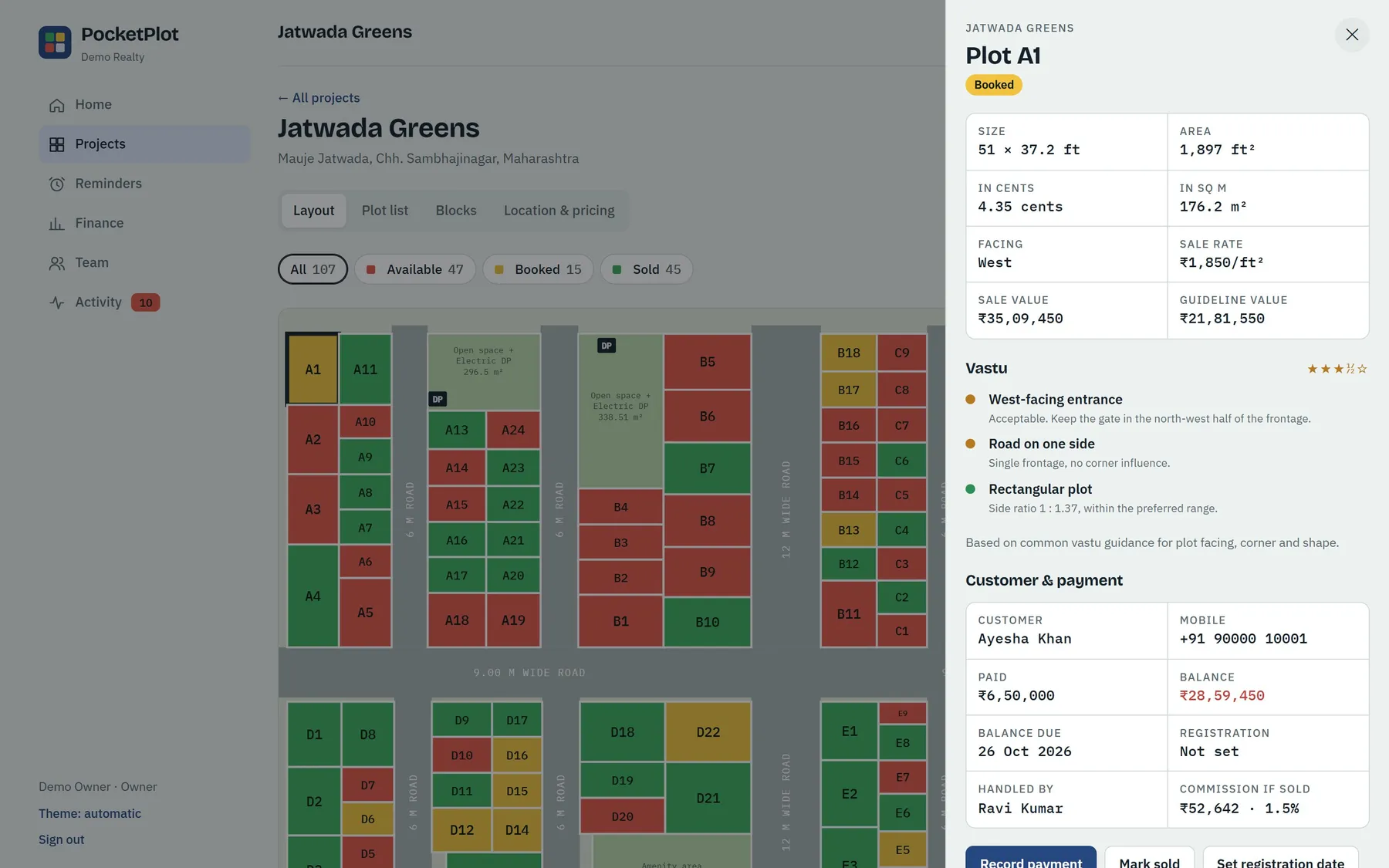 Plot details with size, facing, vastu and customer payments